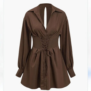 Bershka Corset detail tie up Long Sleeves Women's Dress in chocolate Size XS